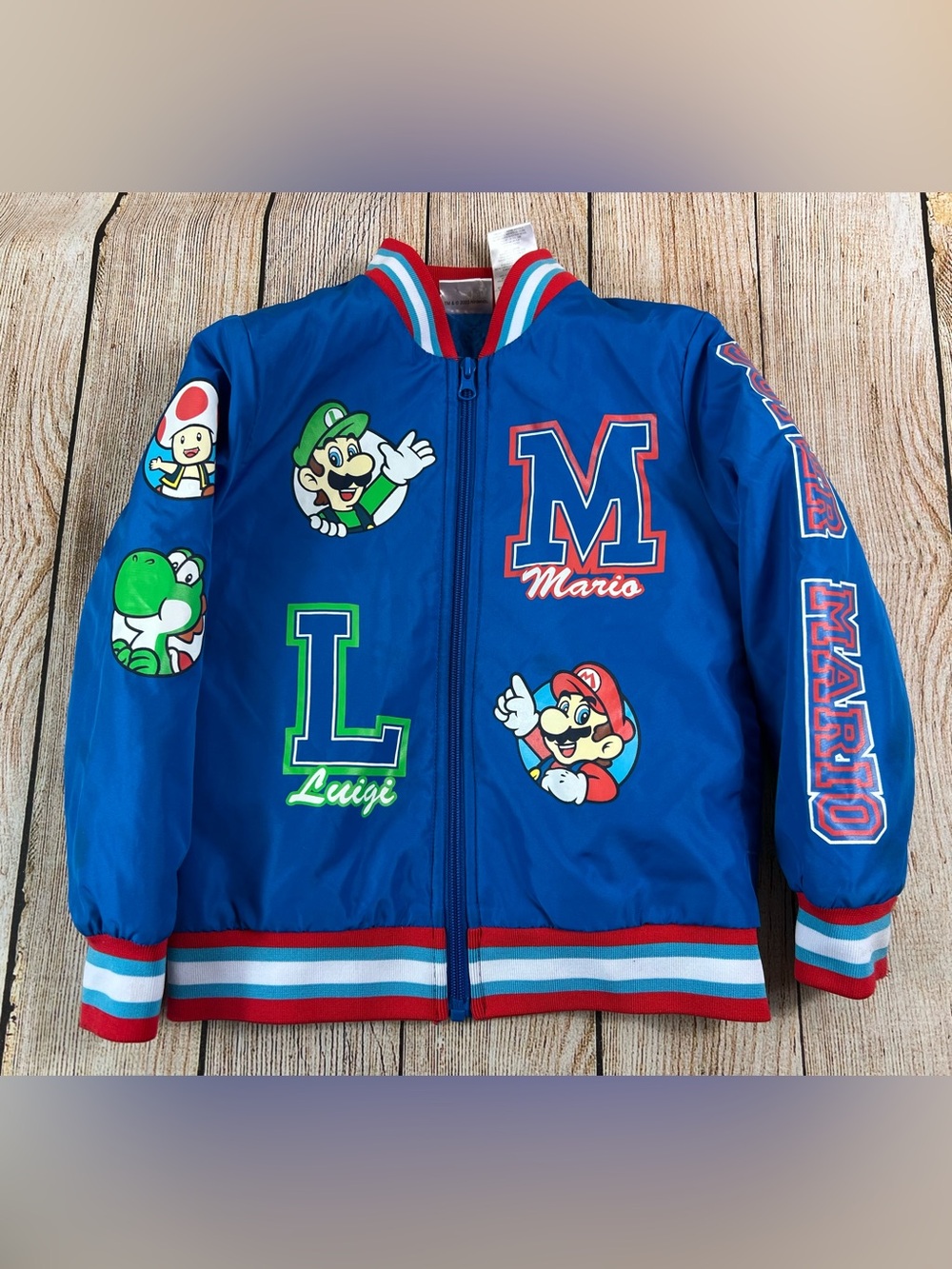 Nintendo 2023 Super Mario Varsity Bomber Blue Jacket Boys Kids Size 5/6